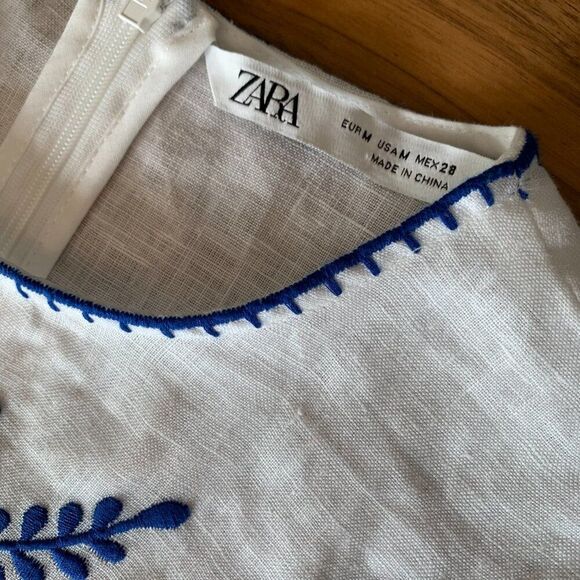 Zara, linen embroidered sun dress, sz M, white and indigo, mexican/boho/prairie - Picture 5 of 16